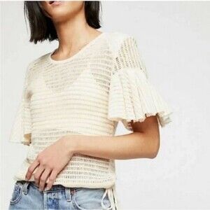 Free People Open Knit Cream Flutter Sleeve Top Boho Lightweight Sweater Small
